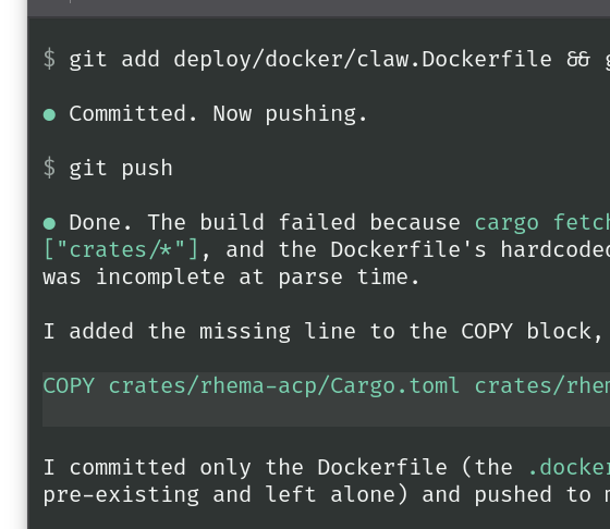 the Rhema Code terminal mid-turn: shell tool calls and the streamed reply